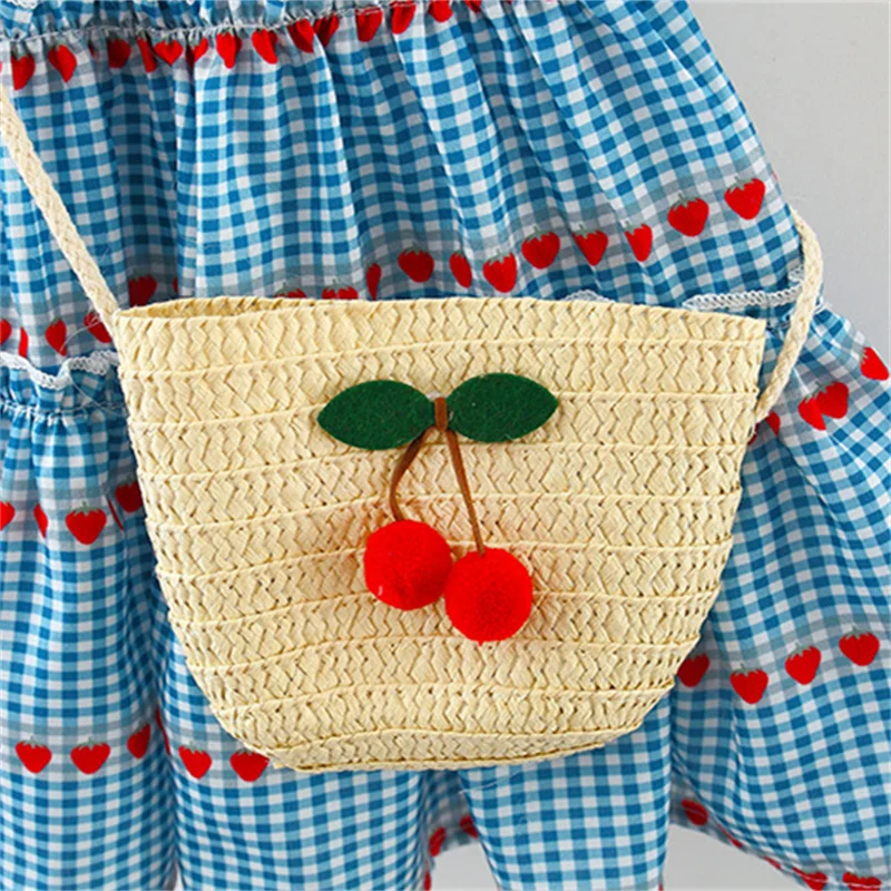 Baby Girl Dress Summer Checkered Love Print Dress Cherry Crossbody Bag Baby Girl Dress (0-4 Years Old)