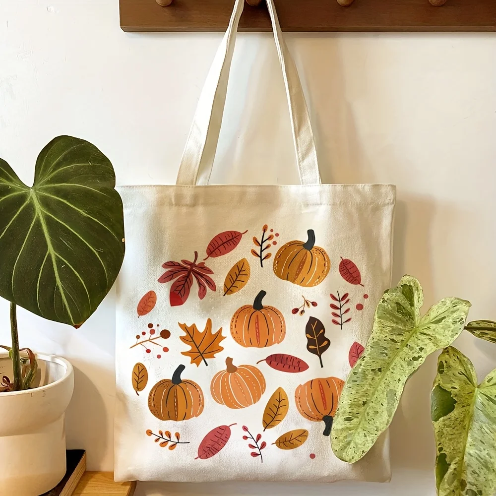 Fall Pumpkin Maple Leaf Canvas Tote Bag Watercolor Autumn Leaves Berry Print Reusable Ladies Large Shoulder Shopping Handbag