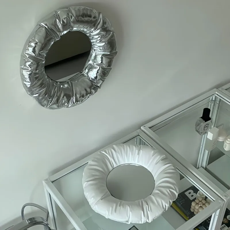 CuteLife INS Silver Cloth Desktop Makeup Mirror Dressing Table Round Cosmetic Mirror Home Cute Aesthetic Hand Decorative Mirrors
