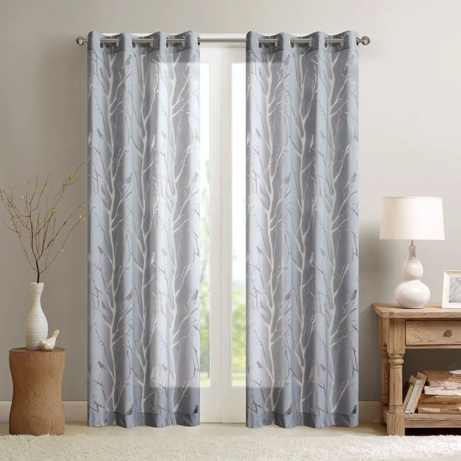 

Grommet Top Sheer Bird on Branches Burnout Window Curtain for Living Room, Polyester, Ivory, Light Filtering Elegant Pattern