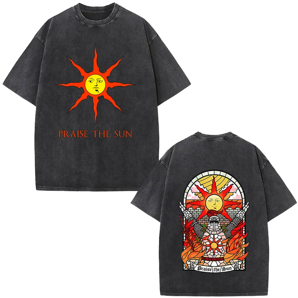 Game Dark Souls Praise The Sun Washed Vintage T-shirt Men Women Gothic Rock T-shirts Men's Casual Cotton Short Sleeve T Shirts