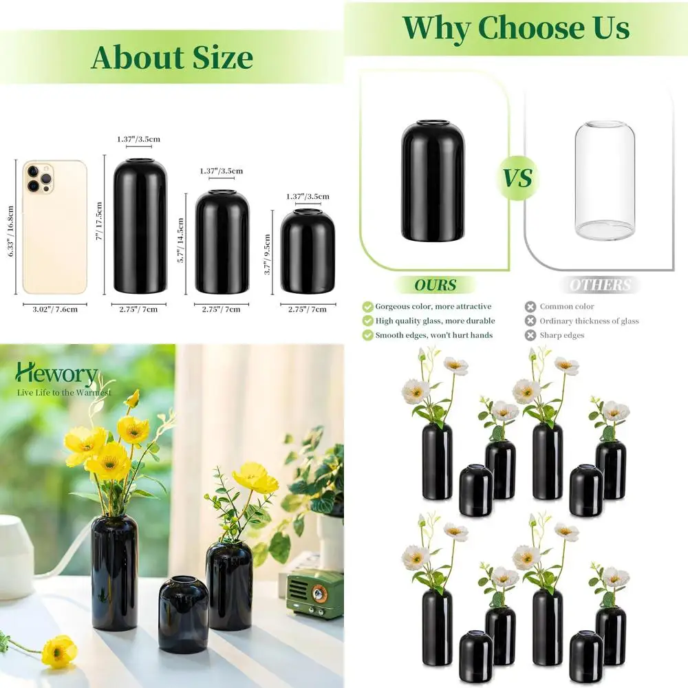 

Set of 12 Modern Small Black Glass Bud Vases for Flower Arrangements, Ideal for Weddings, Parties, and Home Decor (Flower Not In