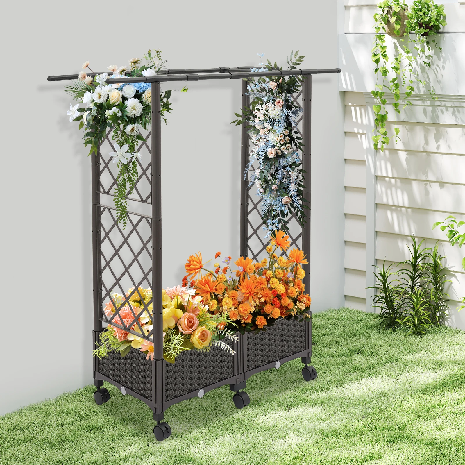 

Brown Planter Garden Box, Grid-patterned Flower Box with 6 Wheels, Planter Garden Box for Backyard Balcony Patio