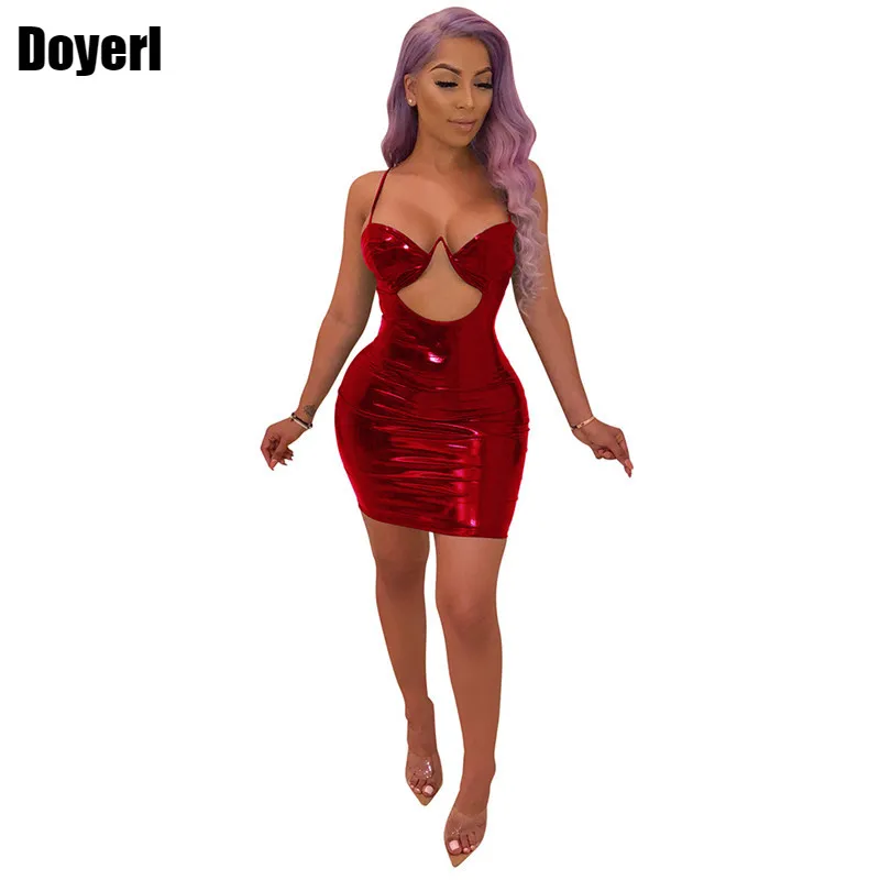 

2022 Night Club Party Sexy Women Red Leather Dress Strap Wet Look Dress Hollow Out Front Strapless Clubwear Bodycon Mini Dresses