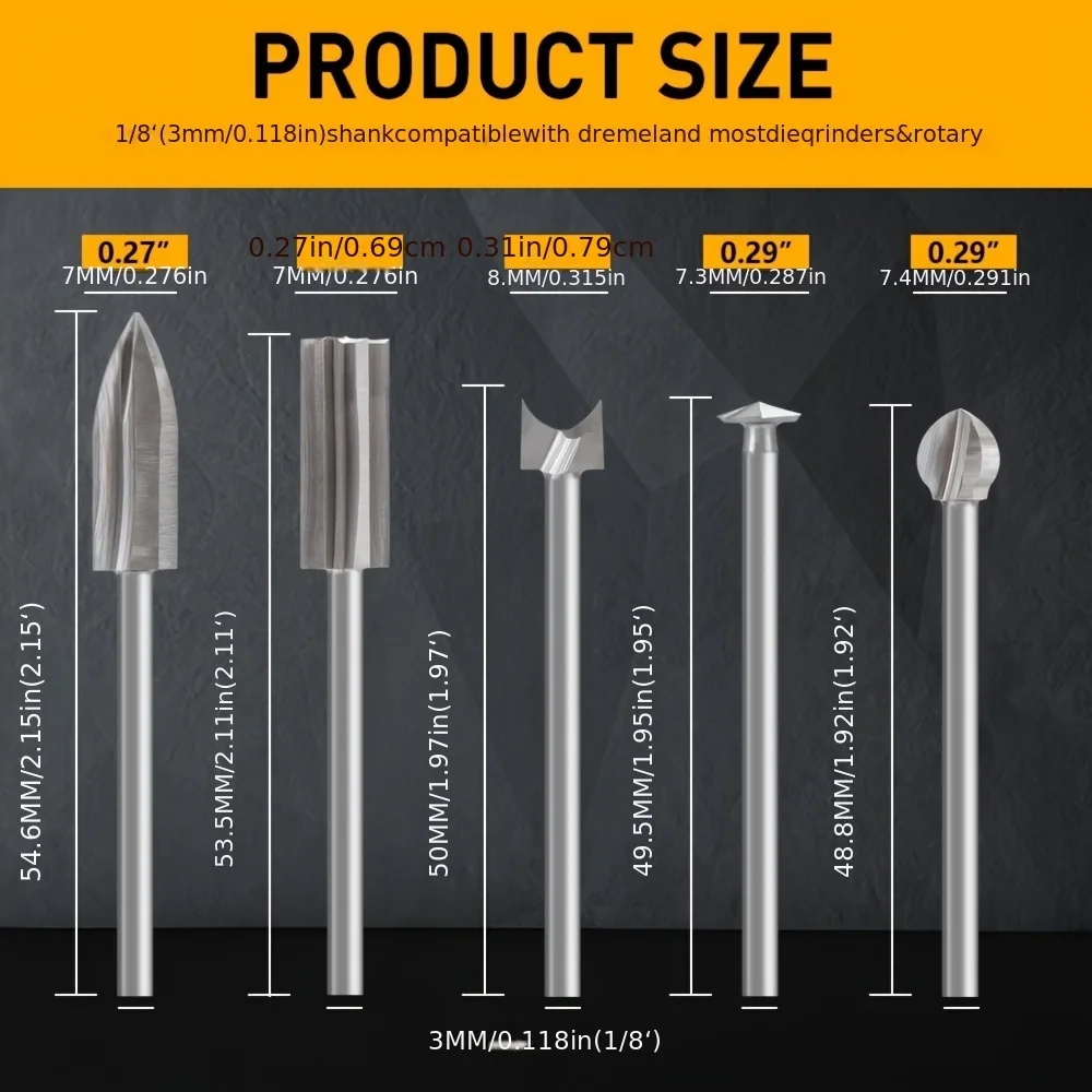 5pcs Wood Carving Drill Bits Set, 1/8'' Shank, Woodworking Engraving Tools for Micro Drilling