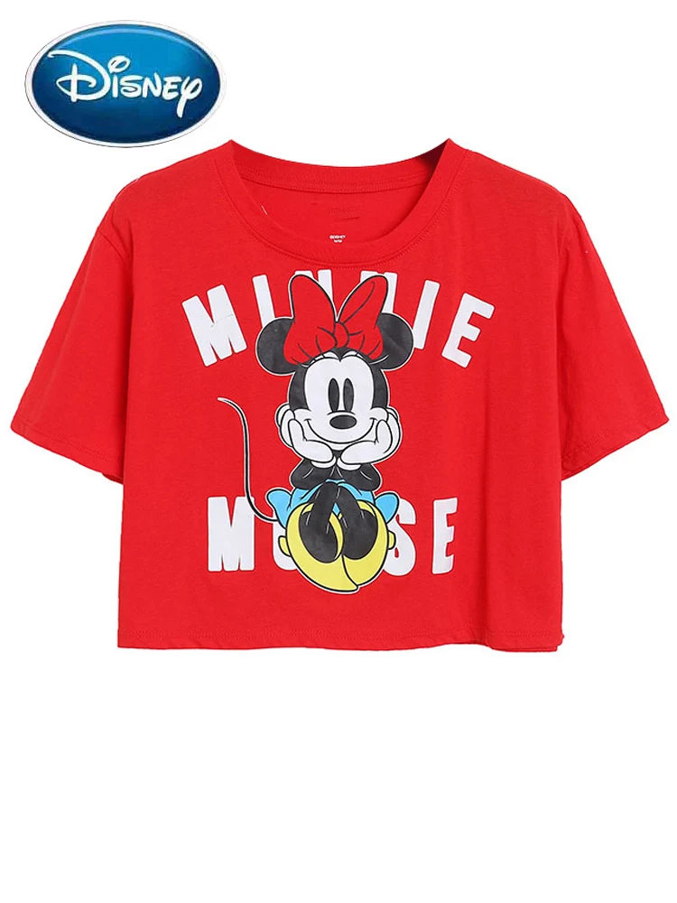 Disney T-Shirt Fashion Minnie Mouse Letter Cartoon Print Harajuku Women O-Neck Pullover Short Sleeve Crop Tee Tops Red Female