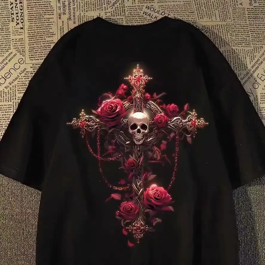 

Dark-themed Cross Skull Rose Short-sleeved T-shirt Y2K Men's and Women's Summer Loose T-shirt