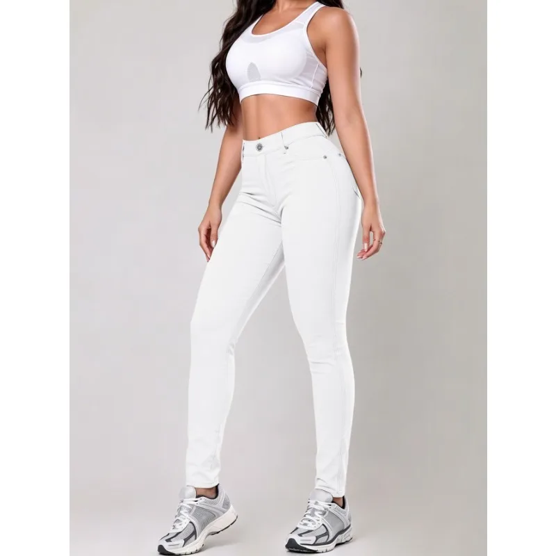 The New Autumn Fashion Women's Stretch. Jeans Are Simple High-waisted Solid Color High-waisted Tight Solid Color Denim Trousers.