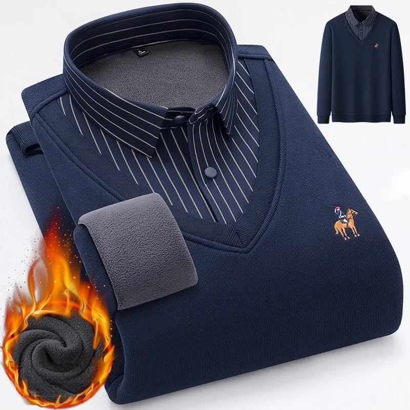 

Men's Shirt Collar Warm Tops Winter Velvet Long Sleeved Shirts Thick Casual Pullover Warm Shirt Fashionable Street Knit Shirt
