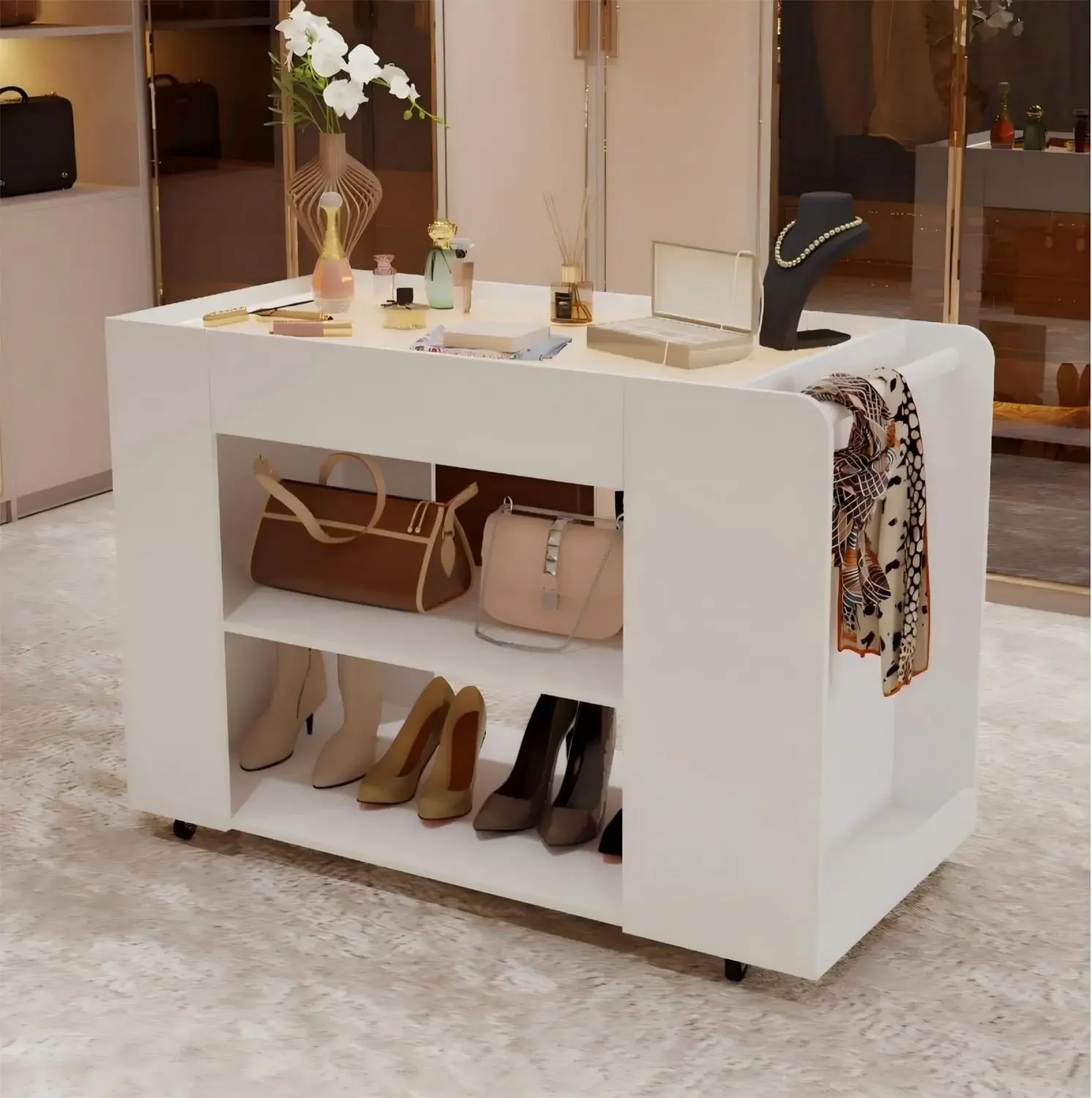 Closet Island with Rippled Glass Top & Lights for Walk in Closet, Rolling Jewelry Storage Island on Wheels with 2 Drawers & Shel