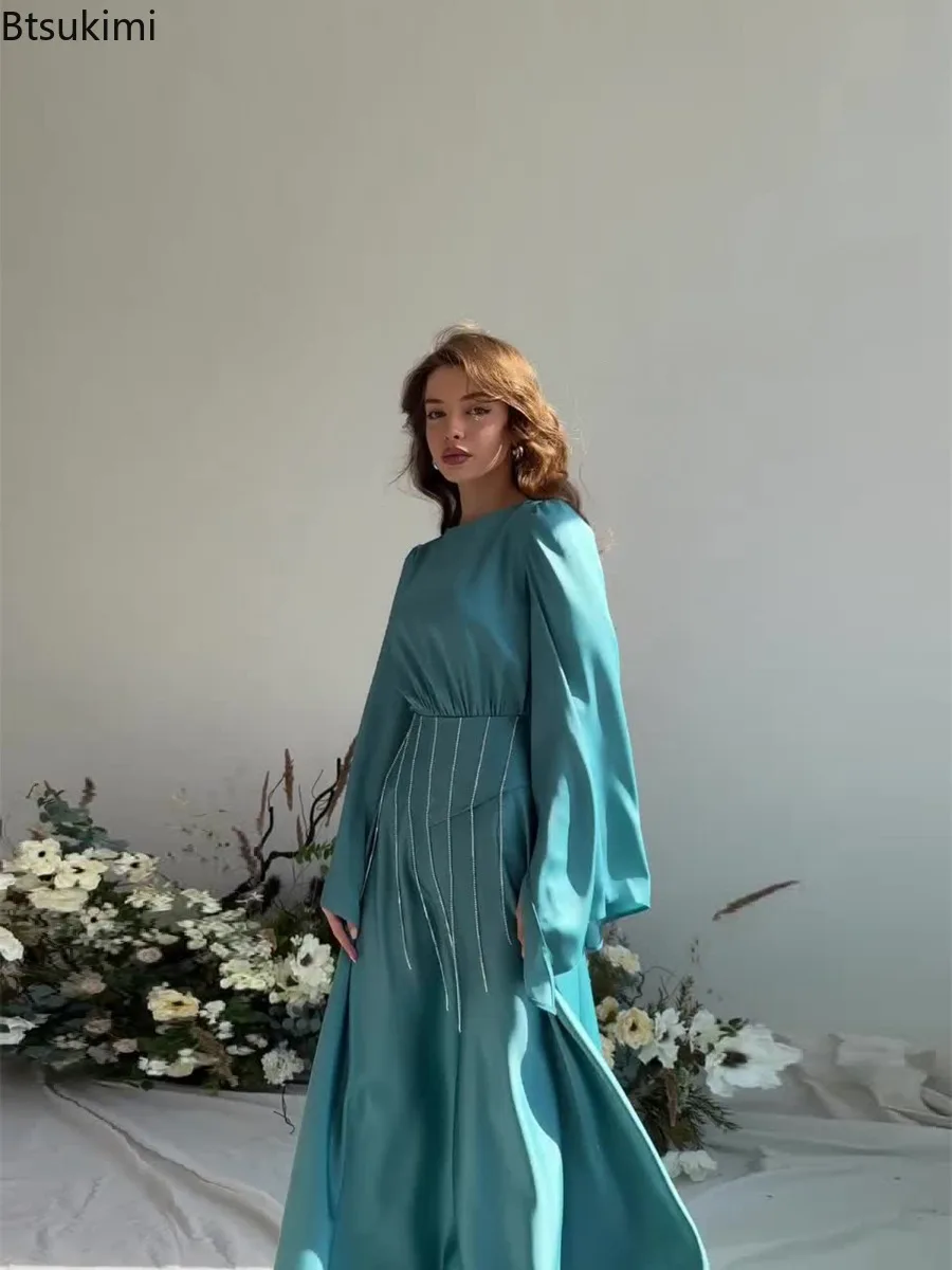 فساتين حريمي أنيقة 2025 ربيع جديد شرابة مضيئة كم فساتين ماكسي ضئيلة النساء الصلبة الساتان س الرقبة مثير فساتين الحفلات رداء