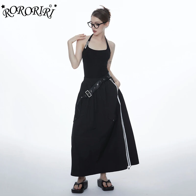 RORORIRI Women Black Top Skirt 2-piece Set Halter Tube Top Belted Maxi Long Balloon Skirt Grunge Retro Parachute Cargo Workwear