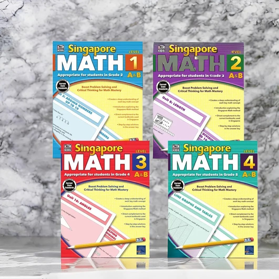 1 libro de matemáticas de Singapur, nivel 1/2/3/4, adecuado para estudiantes, libro de trabajo, aumenta el resolución de problemas y el pensamiento crítico para matemáticas