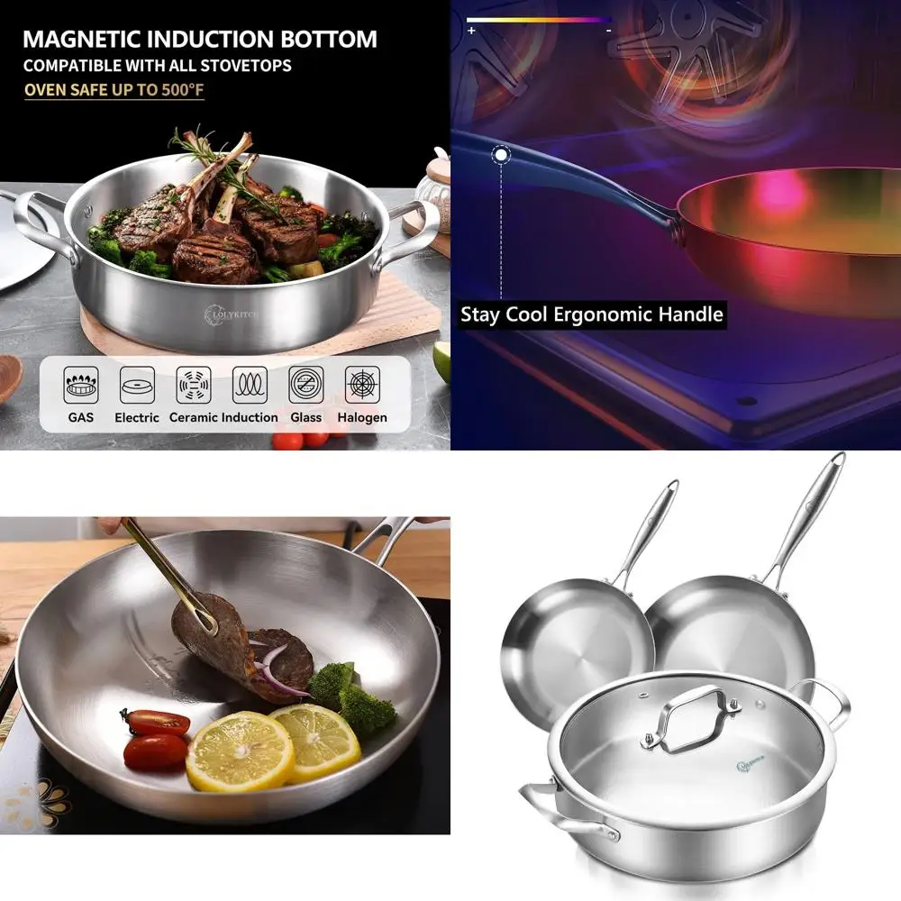 

5.5 QT Tri-Ply Stainless Steel Sauté Pan & 3-Piece Frying Pan Set, Induction Ready, Dishwasher & Oven Safe