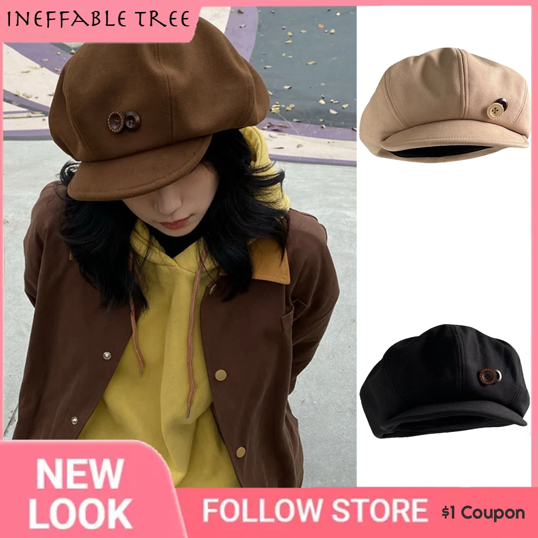 

Sweet Kawaii Button Retro Cloud Cap Autumn Winter Warm Wide Brim England Octagonal Cap Newsboy Beret Cap Female Gorras Mujer