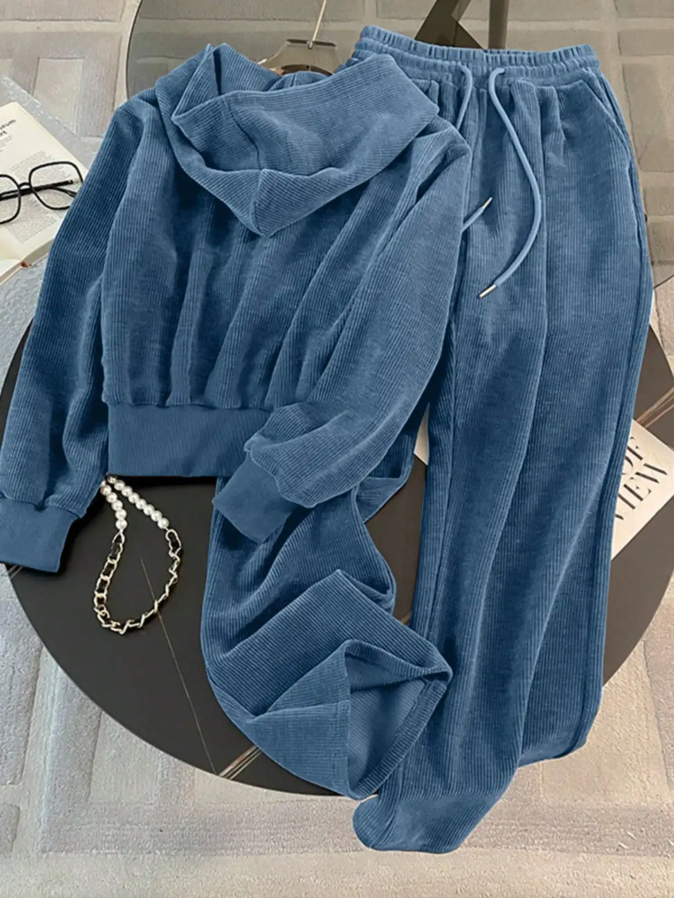 

Corduroy Hooded Zip-Up 2 Piece Set Casual Sportswear Outfit