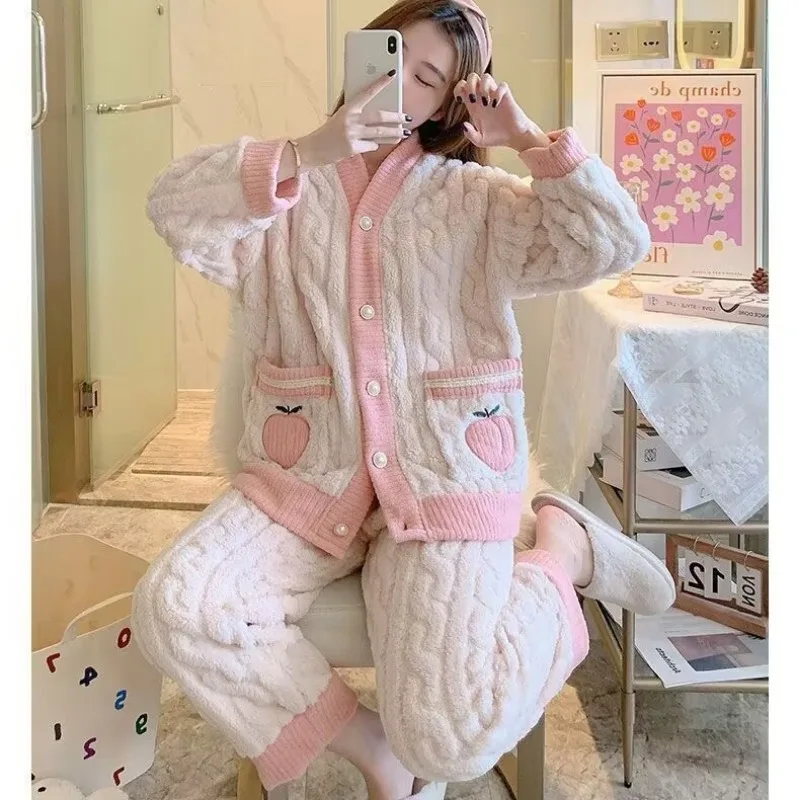 Thickened Warm Sleepwear Pink Peach Coral Velvet Women Homewear Suit Autumn and Winter Ladies Cardigan Two-Piece Set Nightwear