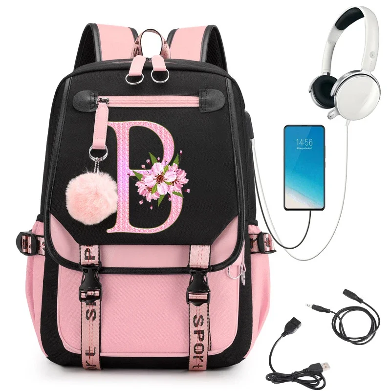 Boys Girls Harajuku Fashion Shoulder Backpack Cherry Blossom Flower A-Z Alphabet Graphic Bags Knapsack Large Capacity Travel Bag