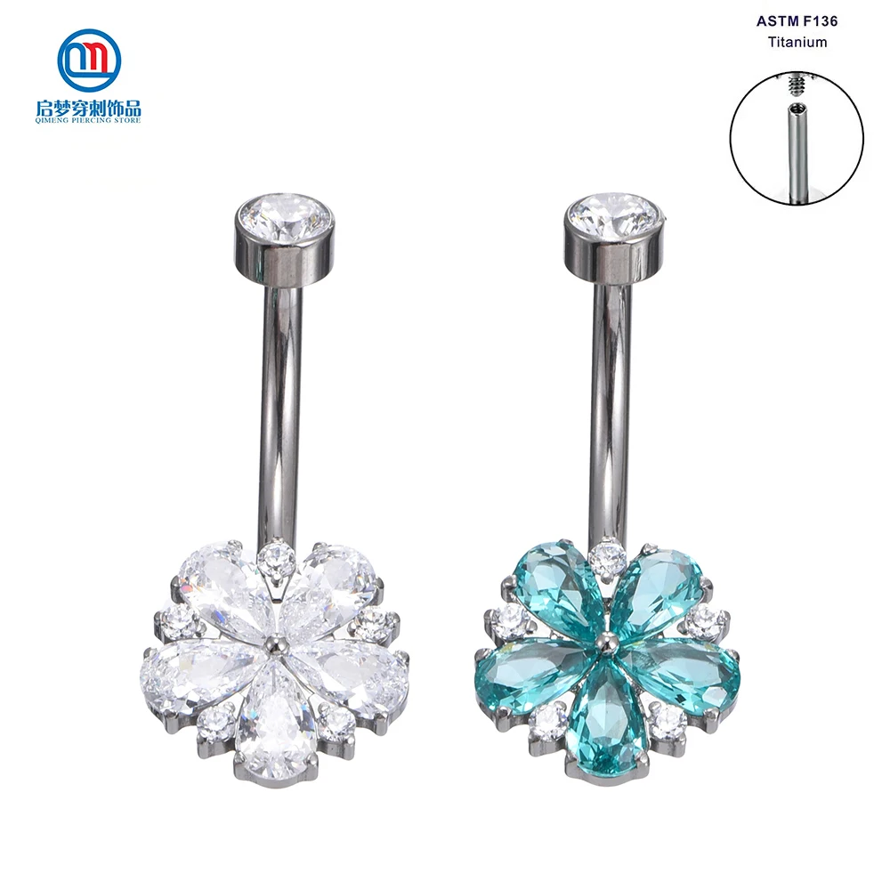 QM Implant Grade ASTM F136 Titanium Internally Threaded Zircon Flower Belly Ring Body Piercing Jewelry