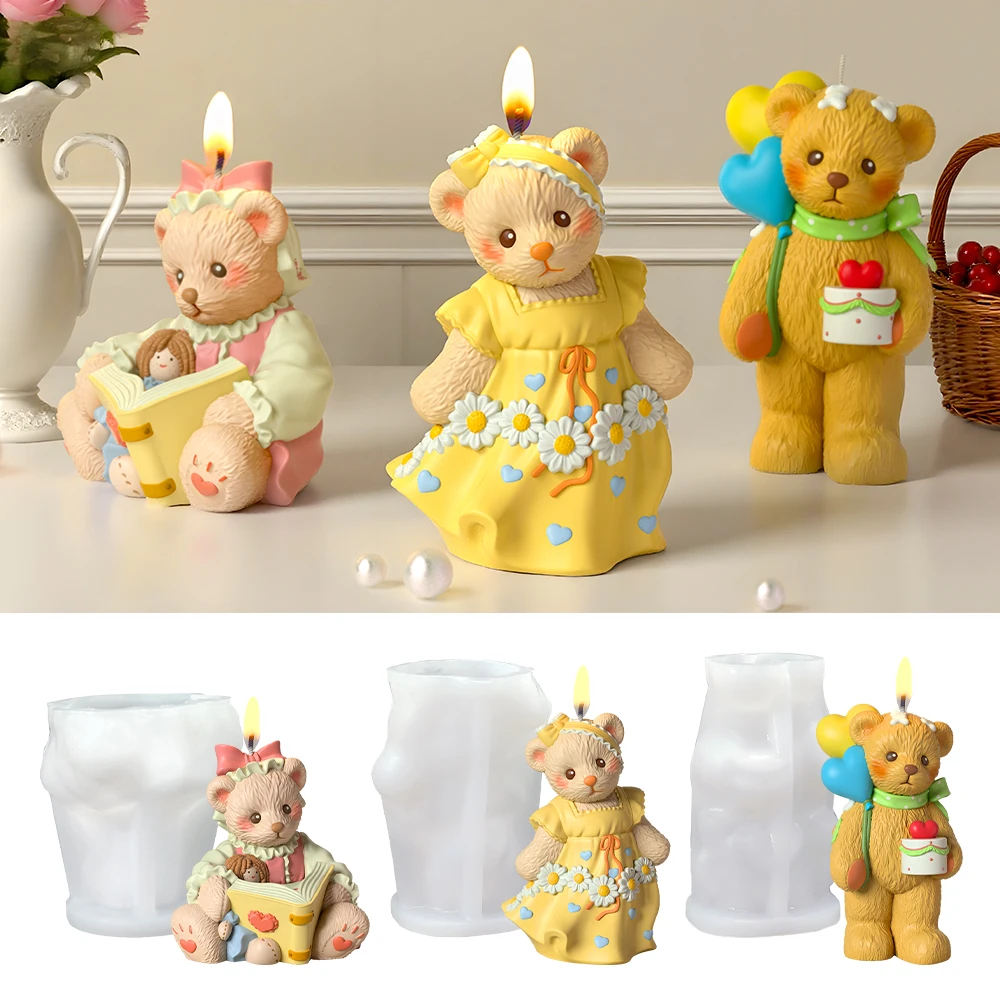 

LZ117 DIY Teddy Bear Candle SIlicone Mold 3D Balloon Reading Little Bear Plaster Ornament Resin Molds for Home Decoration