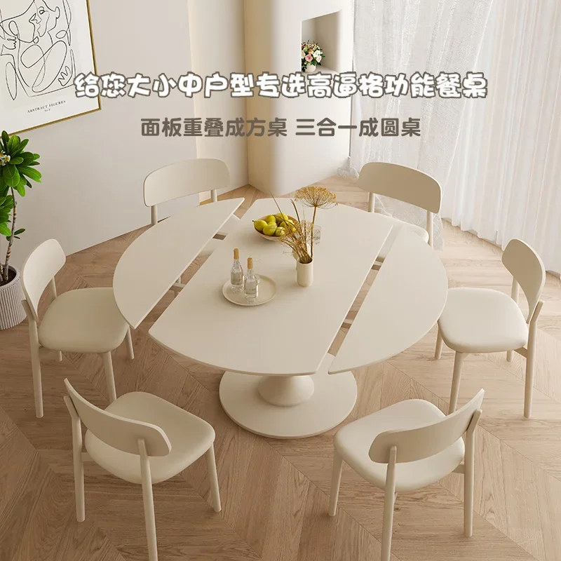 French square and circle dual-purpose rotating dining table multi-functional solid wood rock slab folding and retractable