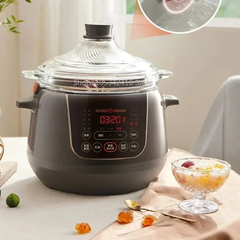 Electric Stewpot with Far Infrared Heating, Multifunctional Household Glass Slow Cooker, Soup Pot with TimerReservation&AutoMode