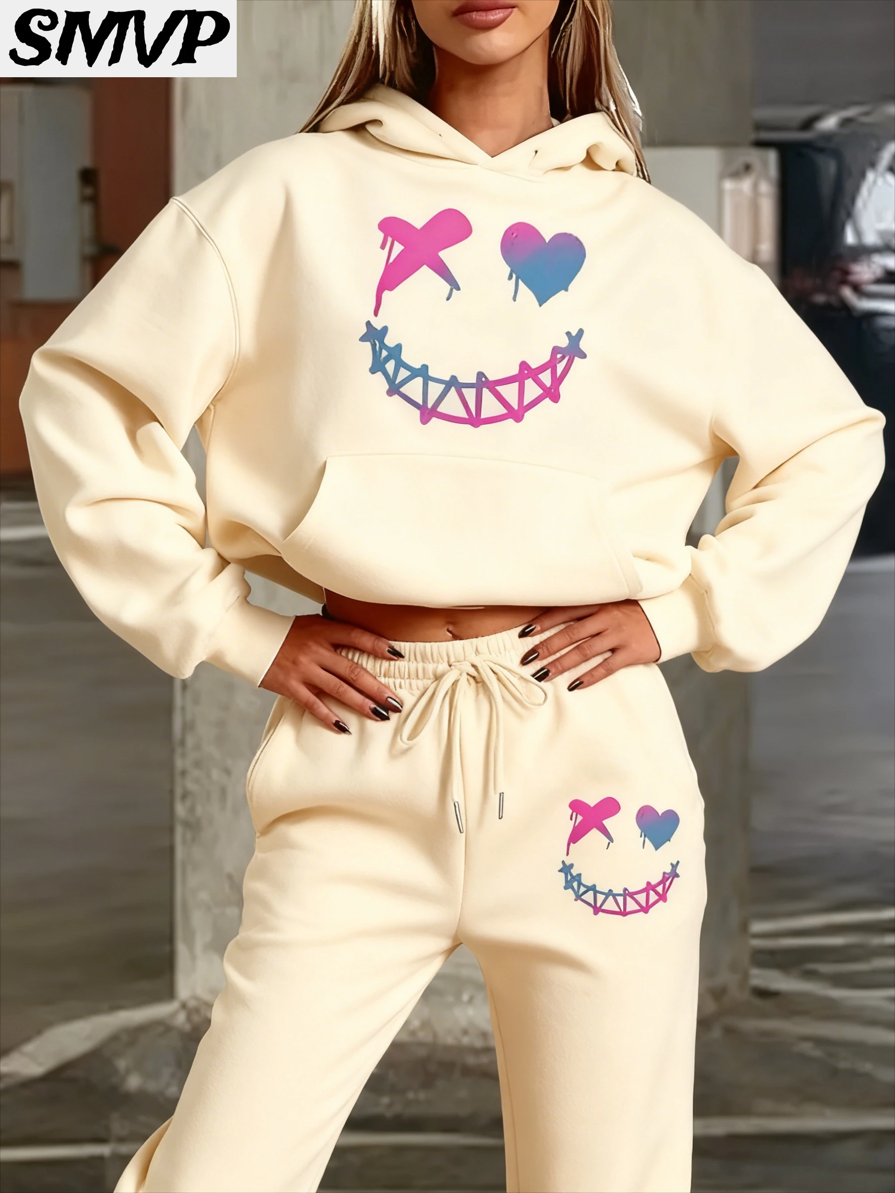 

SMVP Women Girls Cotton Hoodie Set Beige Colorful X Eye Heart Eye Smile Face Print Two Piece Casual Loungewear Mother Daughter