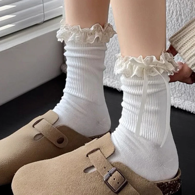 

Harajuku Autumn Solid Color Lace Bow Lolita Ruffle Sock for Women Kawaii Sock Cotton Breathable Loose Socks Ballet Style Hosiery