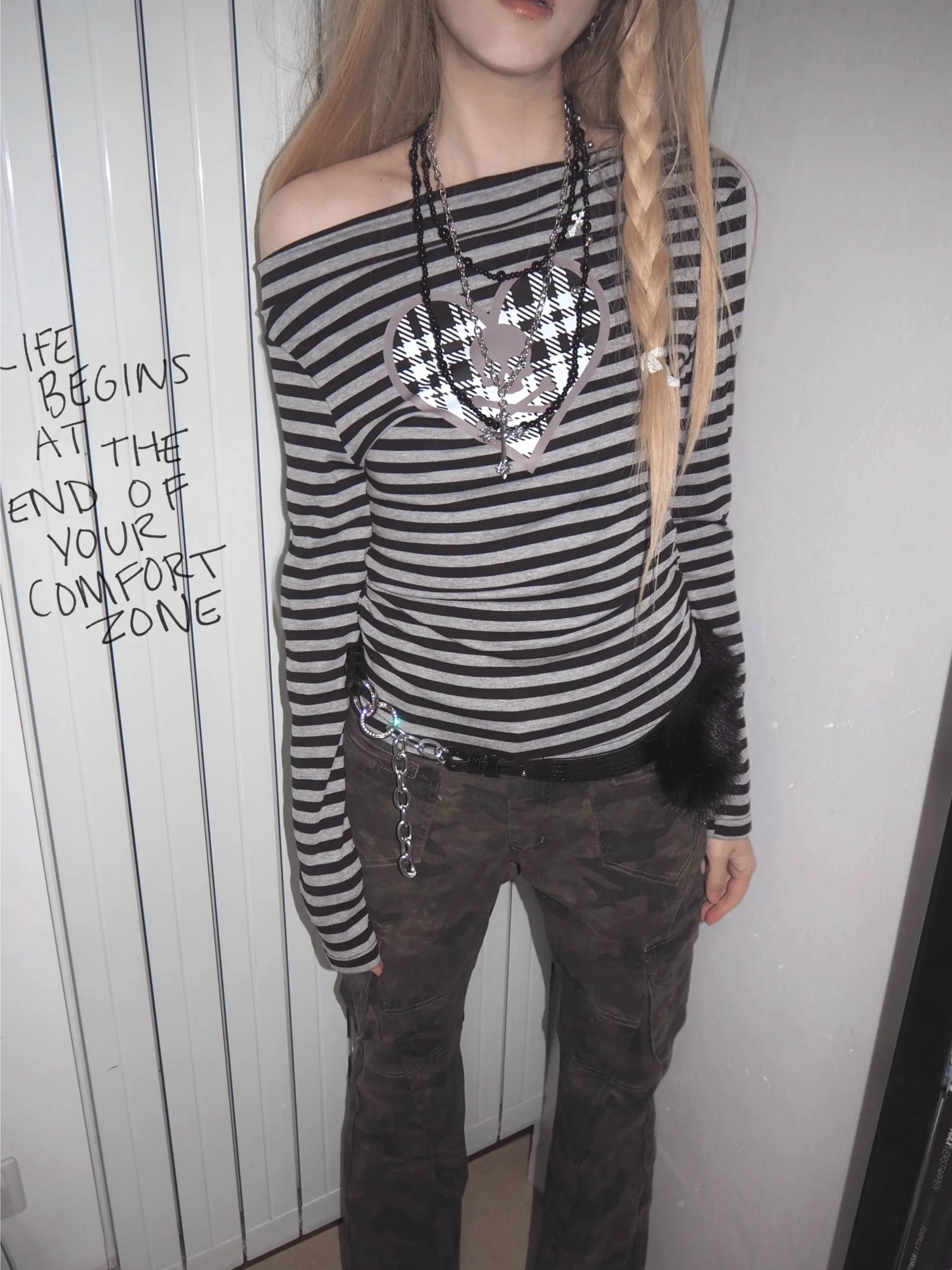 

Casper970 Original Street Punk Design Stripe Print One oulder Long Sve T-irt Vintage Sle Universal Fit Slimming Cit...