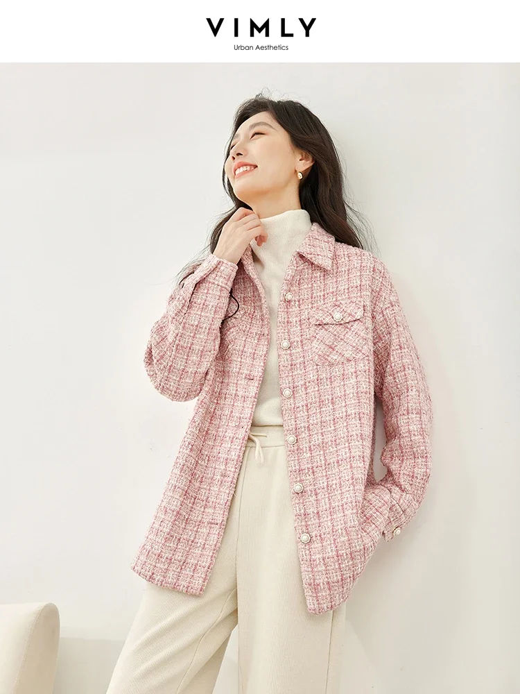 Vimly Winter Pink Tweed Quilted Jackets Women 2023 Straight Thick Single Breasted Long Sleeve Overshirts Female Clothing M3599