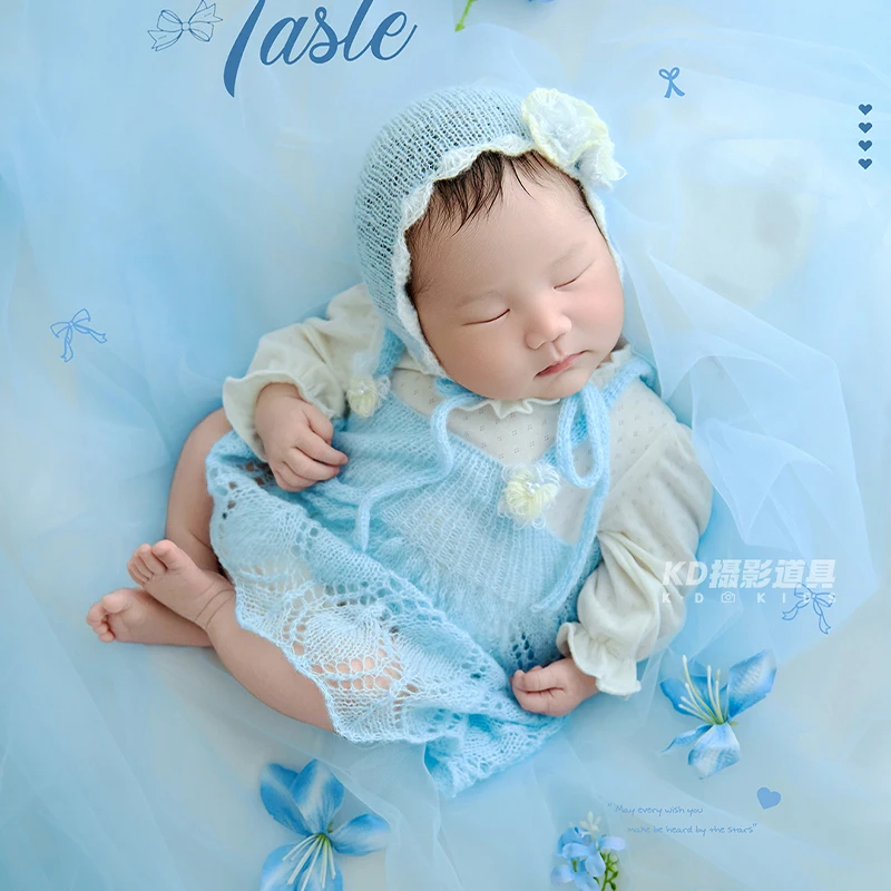 Light Blue Knit Newborn Photography Outfit Set Baby Girl Floral Bonnet Soft Lace Romper  Infant Studio Photo Shoot Costume