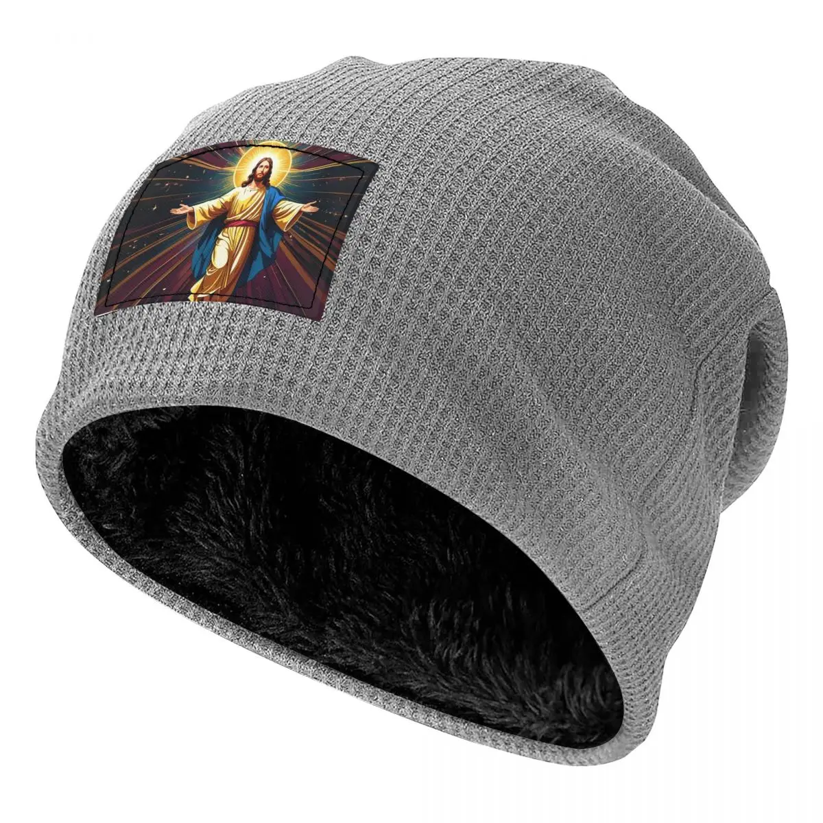 Catholicism Saints Jesus Mary Waffle Knit Fleece Lined Beanie with PU Leather Patch Unisex Warm Winter Soft Cap