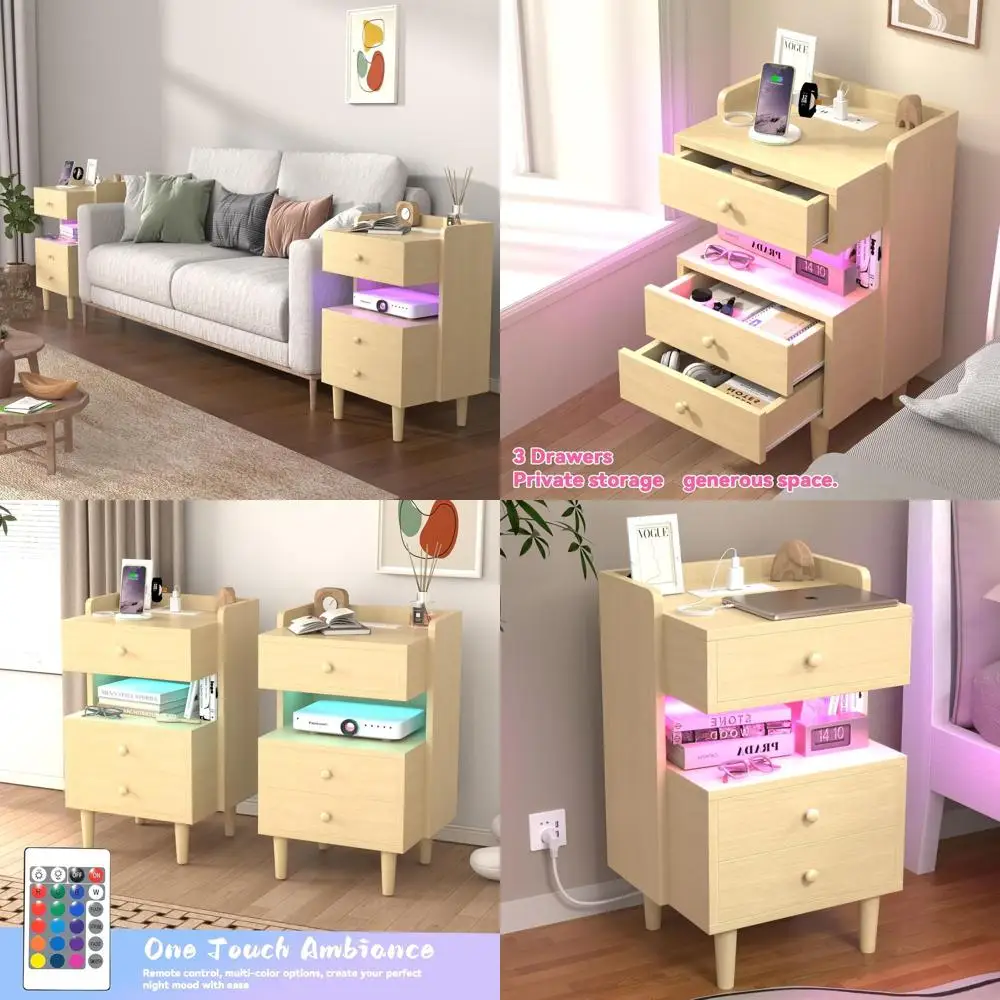 

3-Drawer Charging Station Nightstand with Open Shelf for Bedroom and Living Room