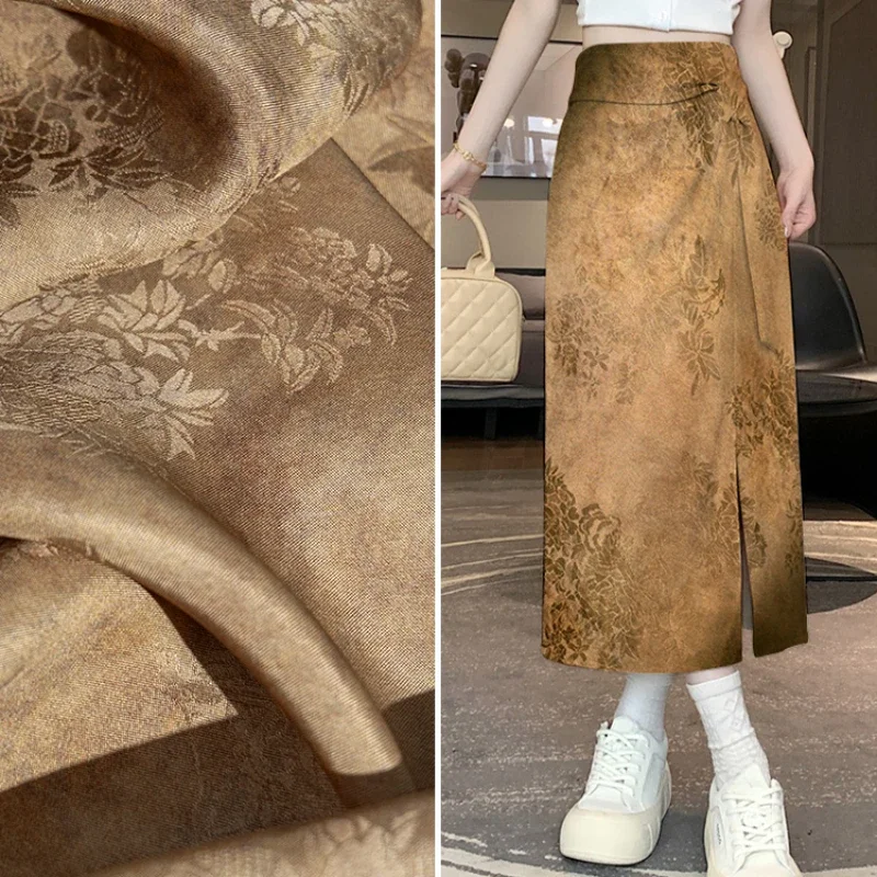 Light Brown Lyocell Jacquard Fabric Stir Dyed Tie Dyed Wrinkle Resistant Breathable Shirt Skirt Pants Clothing Fabric