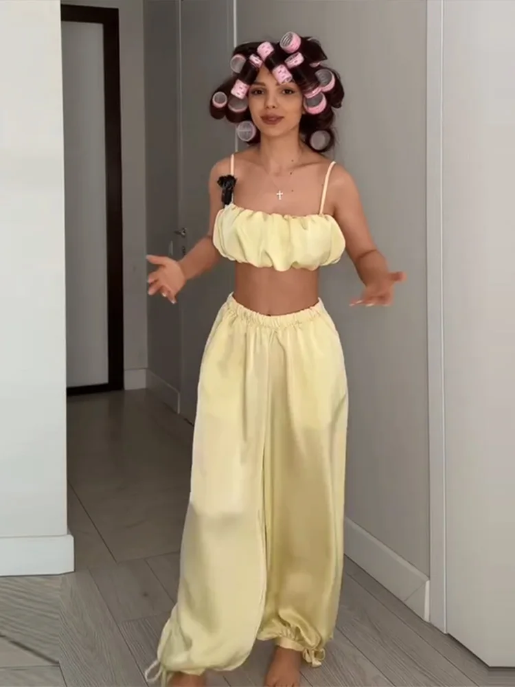 Plissierte kurze Tube-Tops, Hosenanzüge für Damen, sexy Spaghettiträger, ärmelloses, kurzes Top, elastische Taille, Schnürhose, neue Outfits – Detail 13