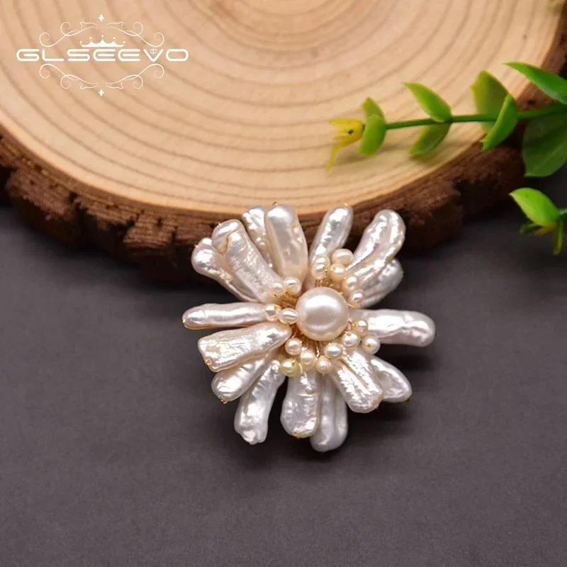 GLSEEVO Original Design Natural Baroque White Pearls Flower Brooches For Women Party Lovers Gifts Girls Vintage Jewellery GO0362