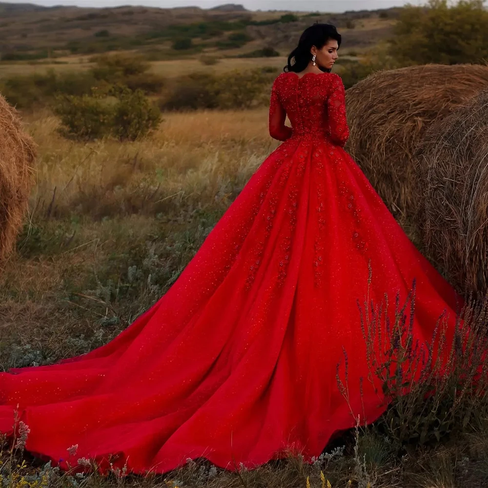 KSDN Luxury Red Wedding Dress Long Sleeve Bead Appliques O-Neck Elegant Women Gorgeous Ball Gown Formal Party vestidos de novia