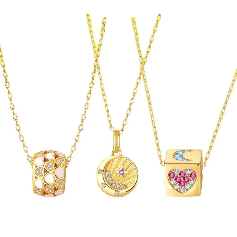 

925 Sterling Silver Star Moon Pink Heart Lucky Gold Necklace Sparkling CZ Zircon For Women Anniversary Birthday Jewelry Gifts