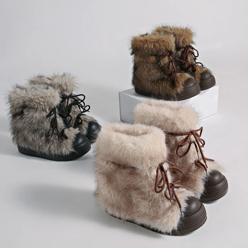 

Winter Furry Lace Up Women Snow Boots Concise Height Increase Shoes Female Thick Sole Warm Cotton Short Booties Zapatos De Muje