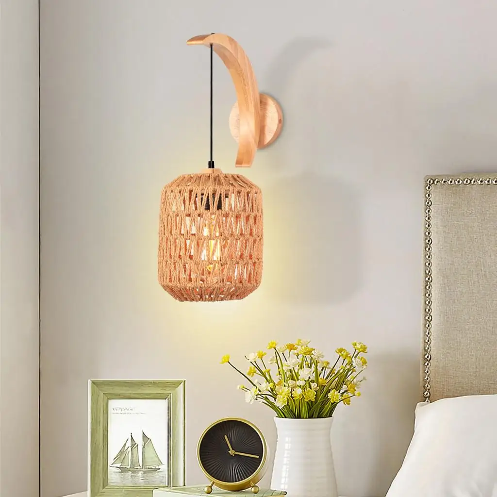 

Vintage Hemp Rope Wall Light Sconce Modern Wood Wall Lamp for Restaurant Kitchen Bedroom Retro Loft Indoor Home Decor Lighting