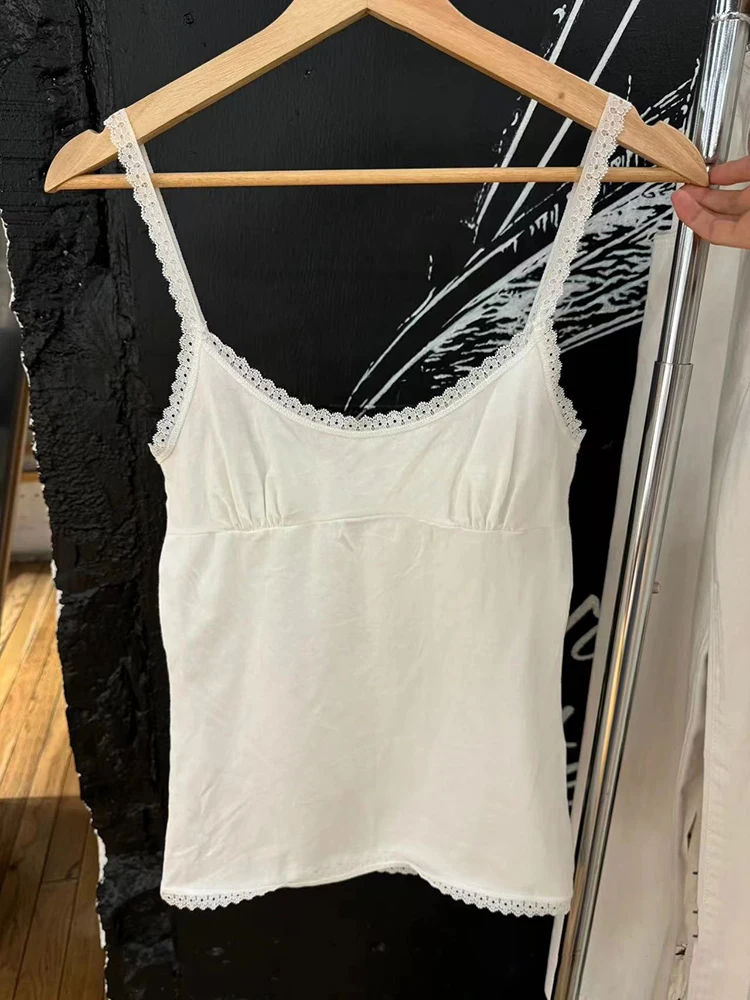 Lace Trim White Slim Tank Tops Women Casual Summer Cotton Sleeveless High Waist Camisole Sweet Girls Vintage Solid Crop Top Y2k