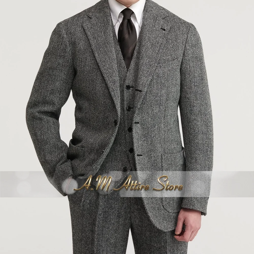 

Grey exquisite men 3pcs suit herringbone peak lapel jacket vest pants set for wedding prom graduation birthday party Father gift