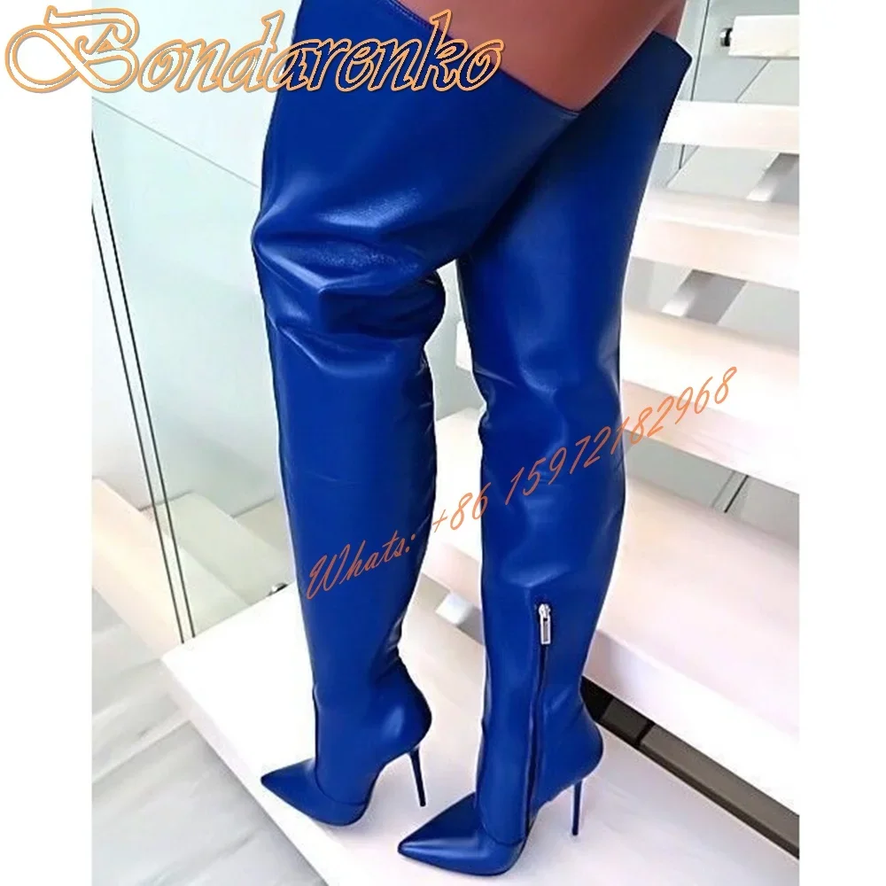 Pointy Toe Solid Leather Boots Stiletto High Heels Side Zipper Women Shoes Over The Knee Fitted Winter Party Dress Long Boots
