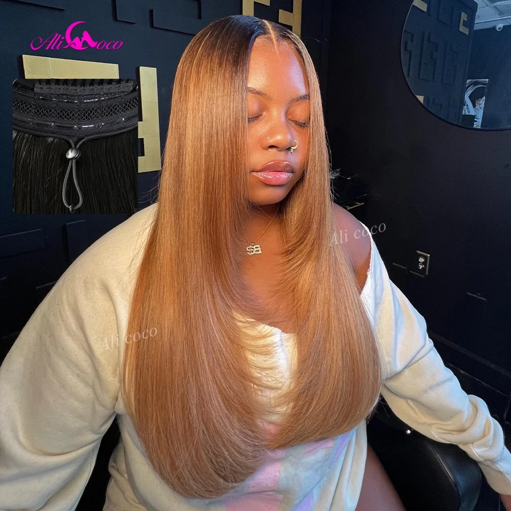 Ombre Ash Brown Lace Front Real Human Hair Glueless Transparent HD Pre-cut 200 Density  Straight 32 Inch 13X6 Drawstring Wigs