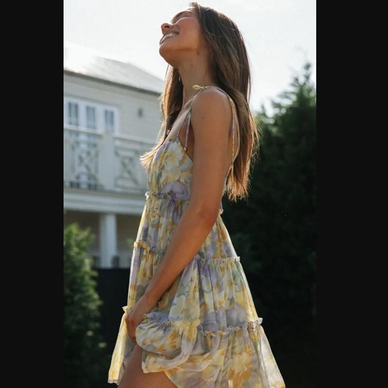 เดรสสลิปพิมพ์ลายดอกไม้สำหรับผู้หญิง เดรสวันหยุดเซ็กซี่มีซับใน เดรสราตรีหรูหรา