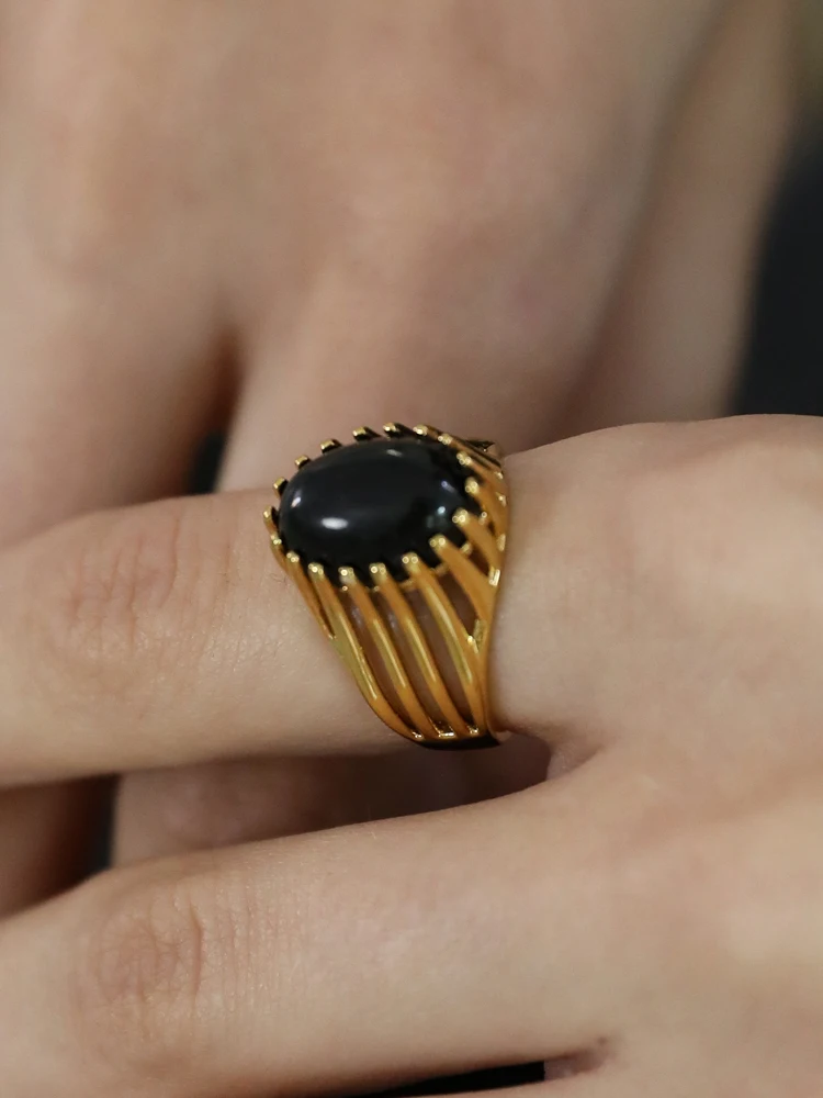 

Brass With 18 K Gold Natural Black Agate Rings Women Jewelry Punk Party Designer Club Cocktail Party Japan Korea Fashion