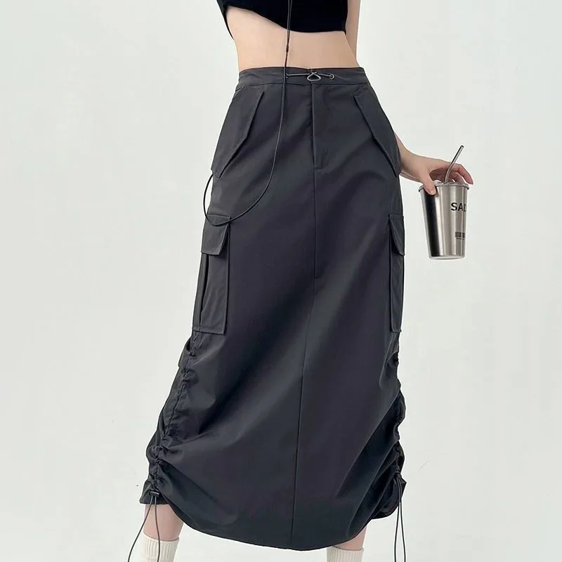 Cargo Skirts Women Big Pockets Retro Korean Style Y2k High Waist Trendy Streetwear Midi Simple All-match Cool Summer