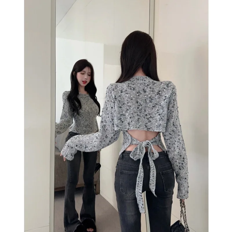 

Women's Long Sve Knitted Sweater Hollow out Design Thin Sle Spring Faion Ba Strap Waist Exposure Pure Desire Breakup...