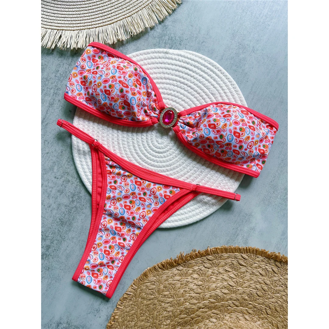 Diamant-Strass-Bedruckter Bandeau-Bikini, Damen-Badeanzug, zweiteiliges Bikini-Set, Badebekleidung, Badeanzug, Schwimmanzug V6166 – Detail 2