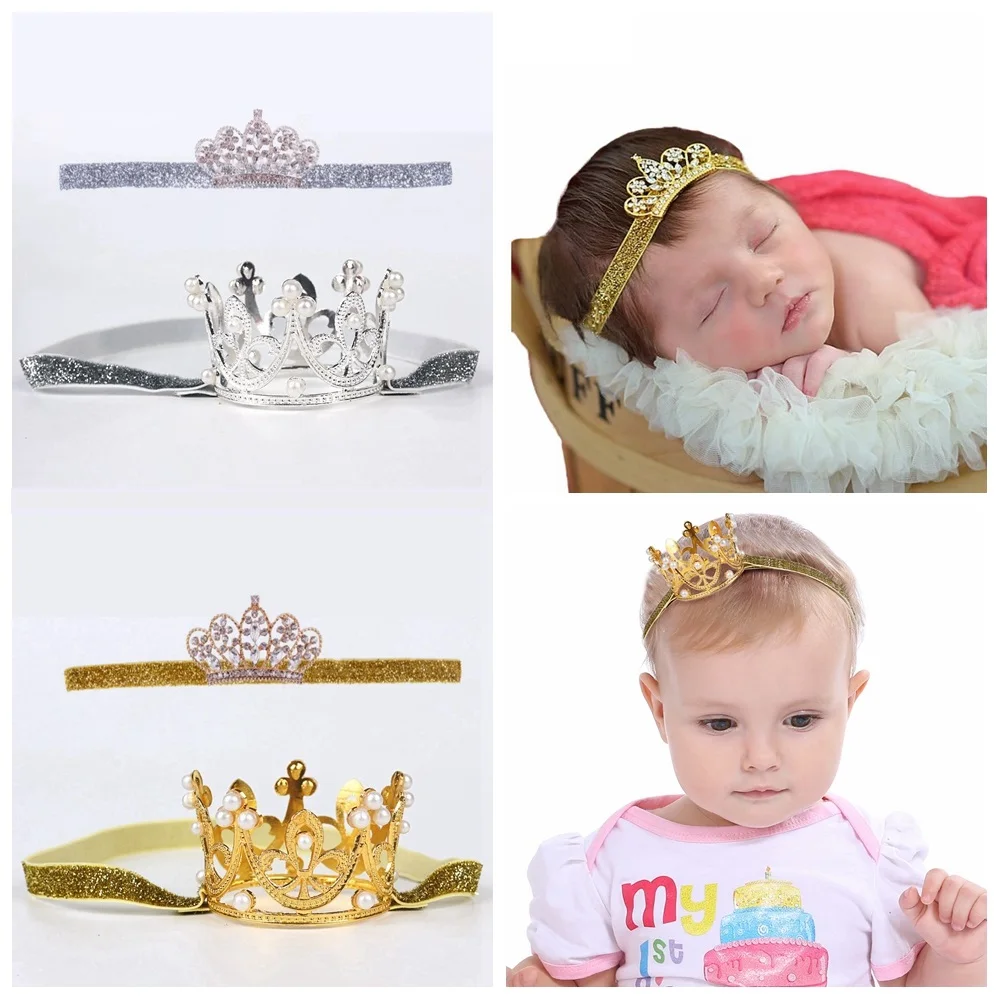 

2pcs/set Boutique Baby Girls Crown Tiara Gold Silver Gillter Headband Set Children Hair Accessories Baby Shower